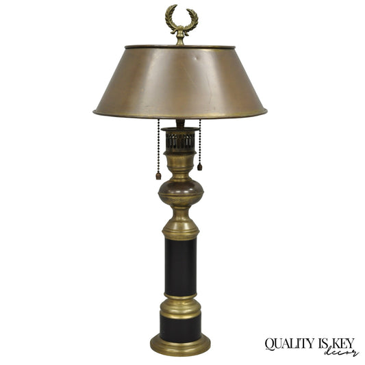 Vintage French Empire Burnished Brass Small Bouillotte Black Column Table Lamp