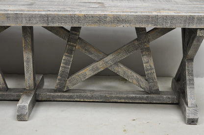 Primitive Rustic 72" Long Wooden Distressed Gray Wash Criss Cross Trestle Bench