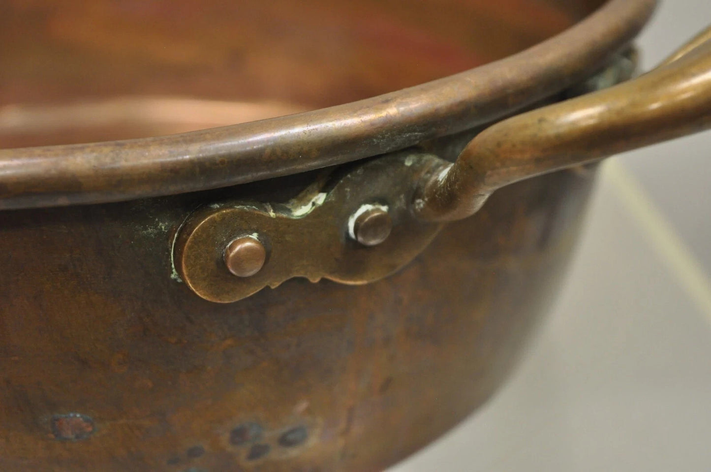 Antique French Country Hand Forged 12" Round Twin Handle Copper Cauldron Pot Pan