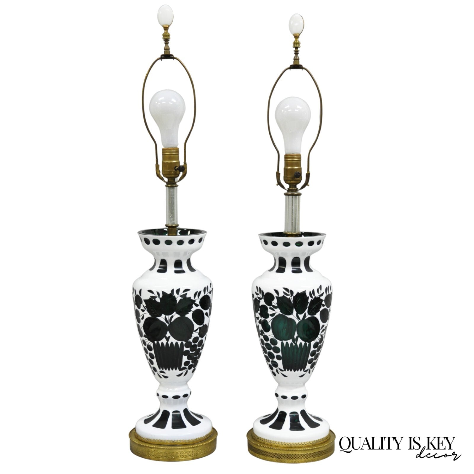 Antique Bohemian Green & White Fruit Harvest Czechoslovakian Table Lamps - Pair
