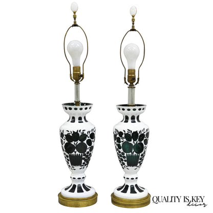 Antique Bohemian Green & White Fruit Harvest Czechoslovakian Table Lamps - Pair
