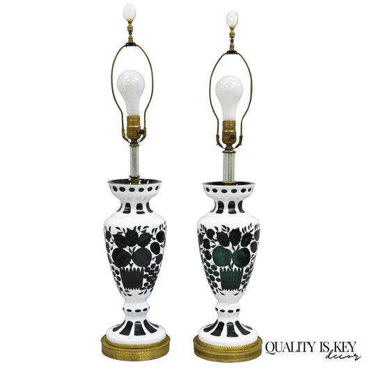 Antique Bohemian Green & White Fruit Harvest Czechoslovakian Table Lamps - Pair