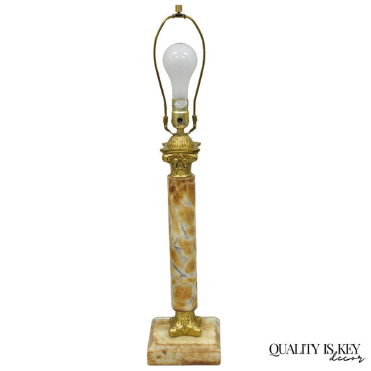 Vintage French Empire Style Brown Marble Corinthian Column Brass Table Lamp