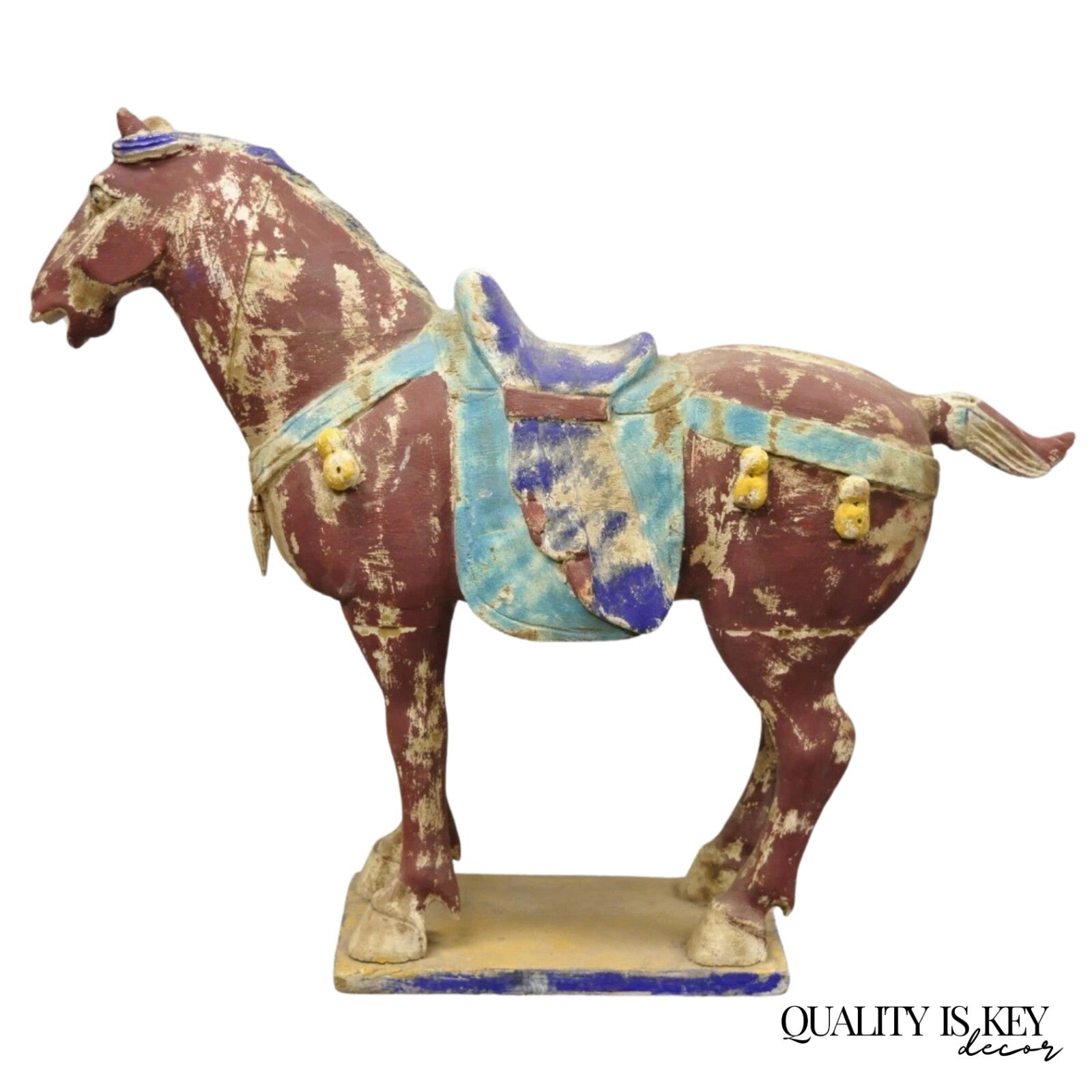 Chinese Polychrome Wooden Carved Wood 29" Tang Horse Sculpture Statue Red Figure