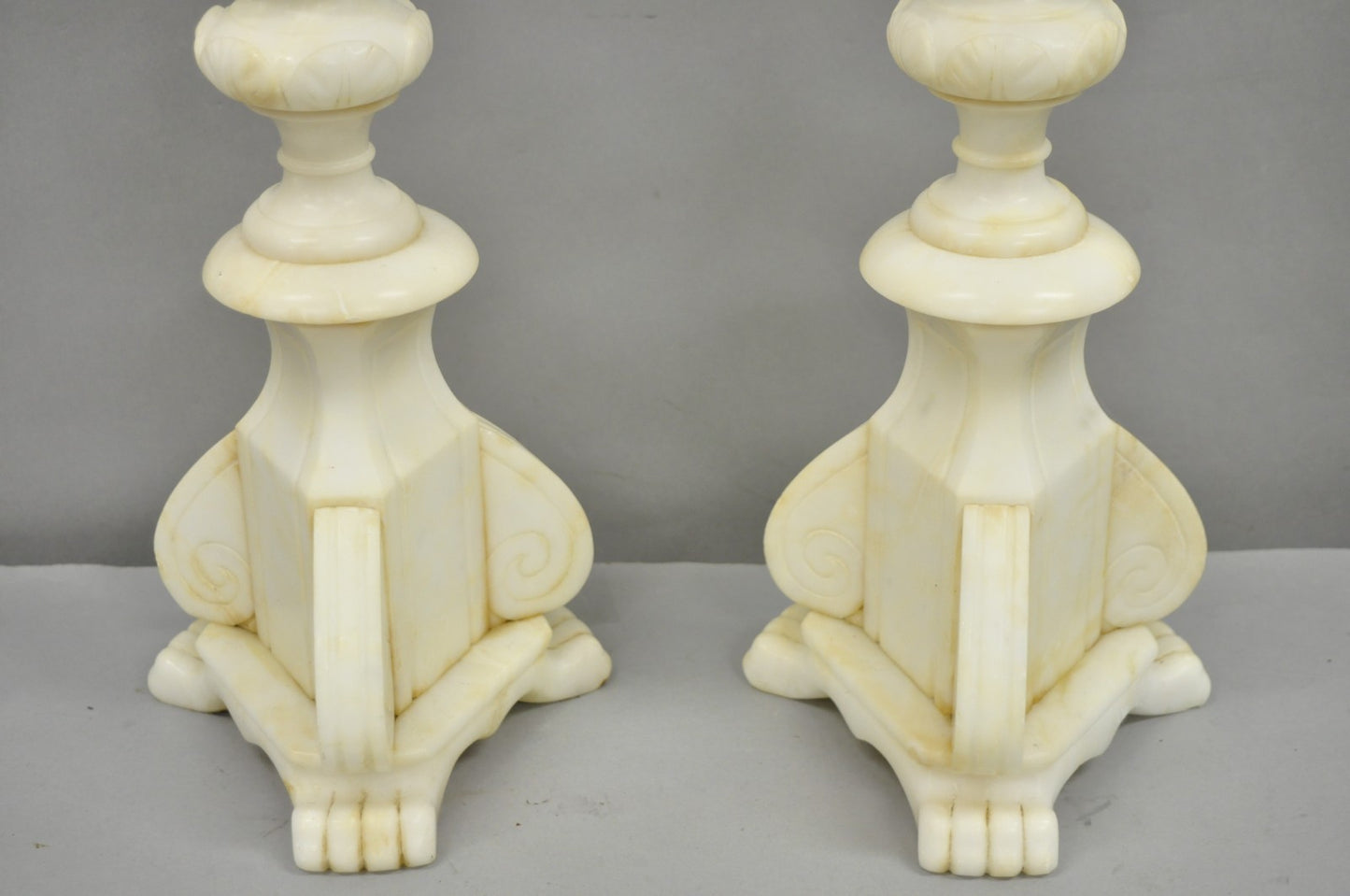 Antique Italian Neoclassical Carved Alabaster Marble Column Table Lamps - a Pair