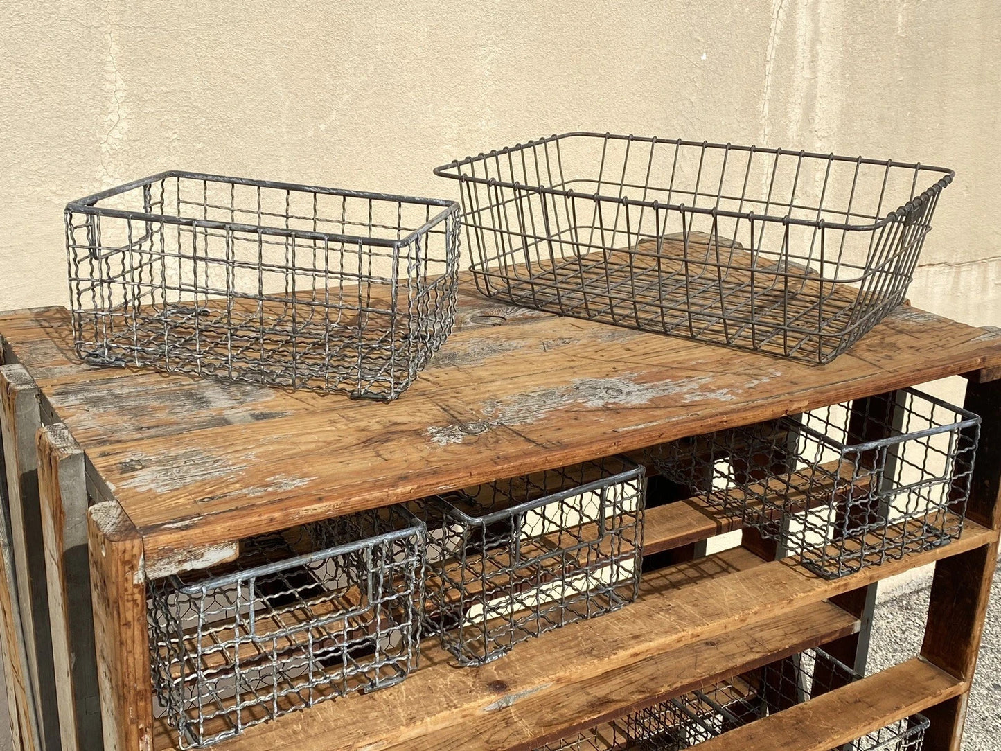 Antique Industrial Distress Gray Wooden Rolling Shelf Storage Cart Store Display