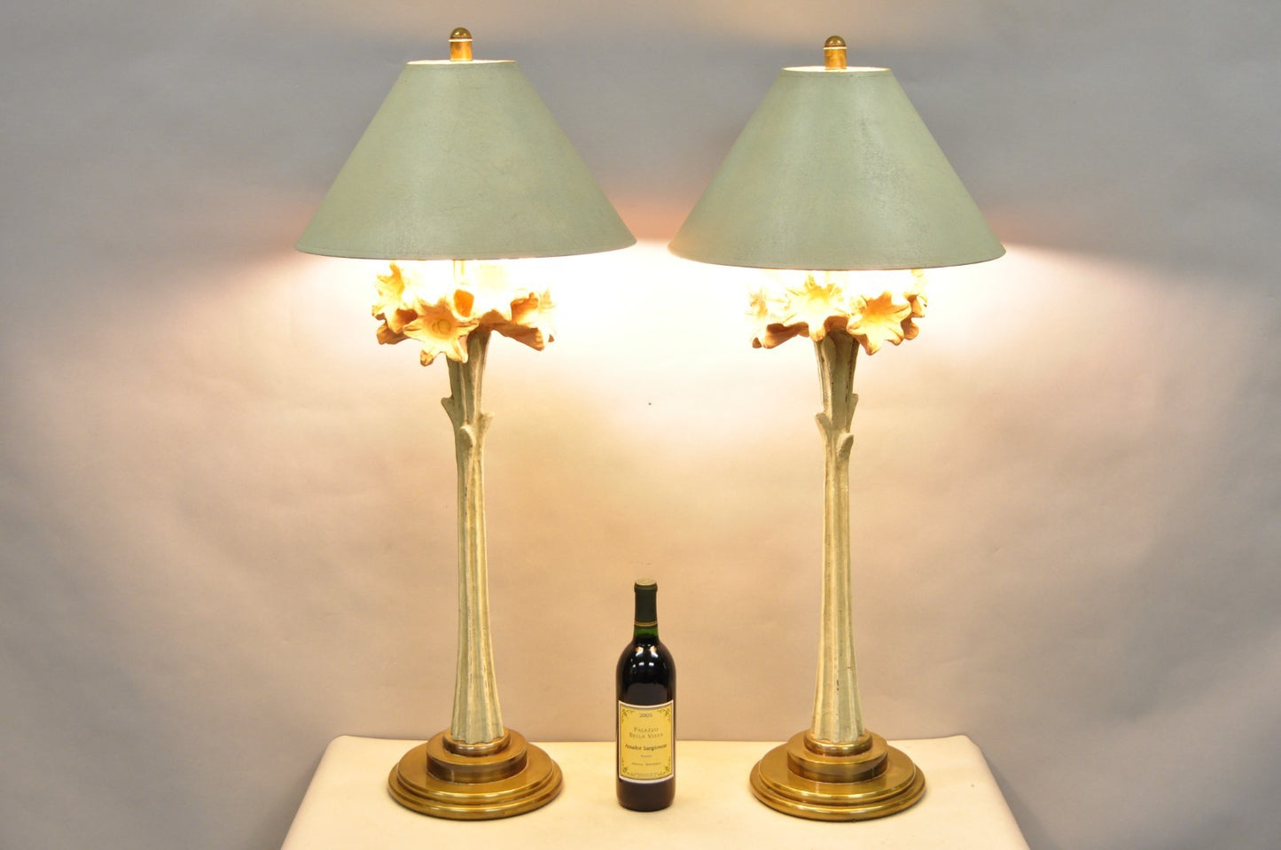 Vintage Hollywood Regency Pink Lily Flower Bouquet Tall Table Lamps by Hart Pair