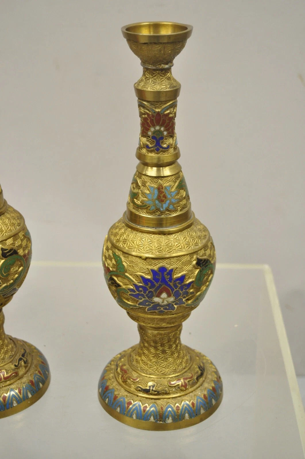 Vintage Japanese Cloisonne Enamel 13" Brass Bronze Candlestick Lamp Base - Pair