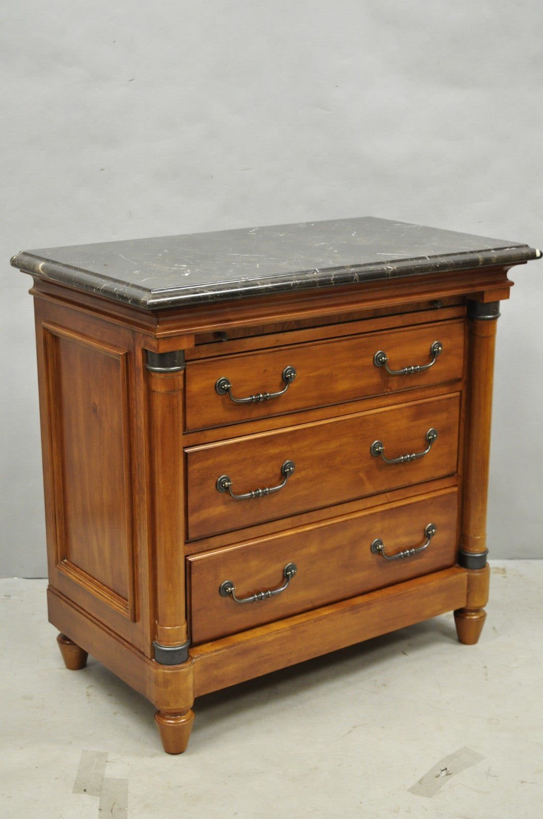 Kincaid French Country Cherry Wood 3 Drawer Marble Top Nightstand Bedside Table