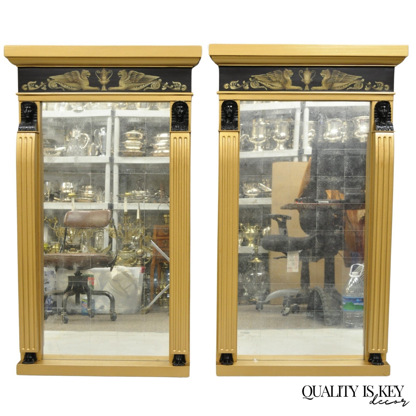 Vintage English Regency Egyptian Revival Style Sphinx Gold Wall Mirrors - a Pair