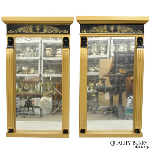 Vintage English Regency Egyptian Revival Style Sphinx Gold Wall Mirrors - a Pair