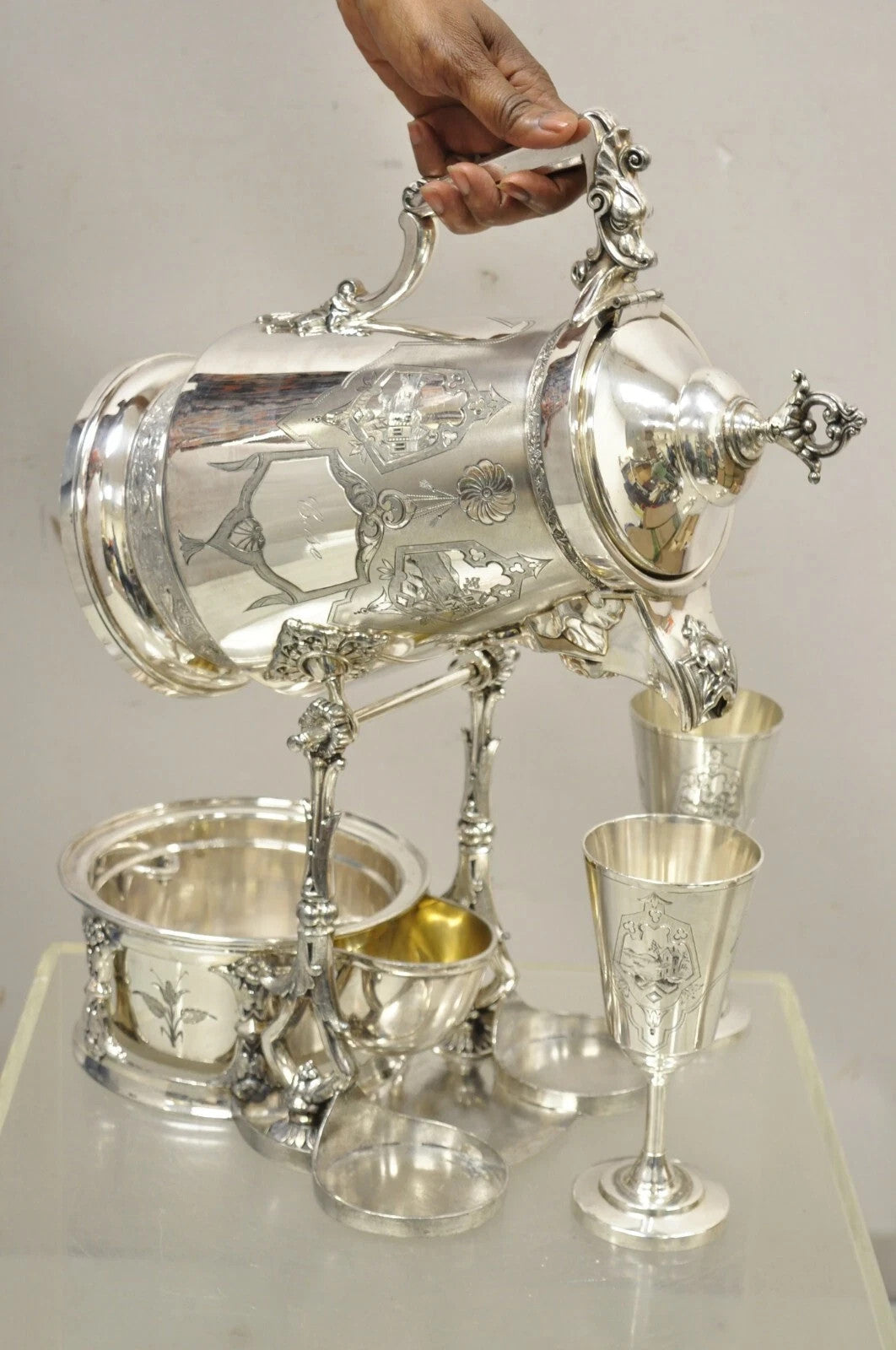 Victorian Racine Silver Plated Tilting Lemonade Water Pitcher on Stand w Goblets