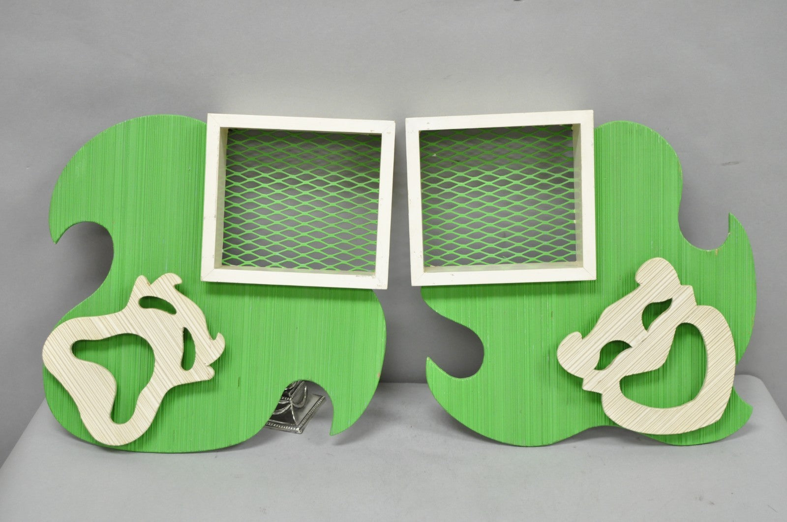 Vintage Mid Century Modern Green Theater Mask Shadowbox Wall Pocket Shelf - Pair