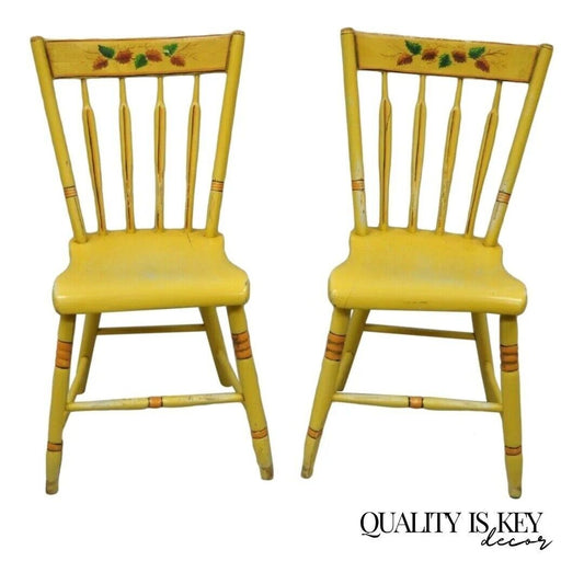 Antique Windsor Hitchcock Style Yellow Painted Plank Seat Side Chairs - a Pair