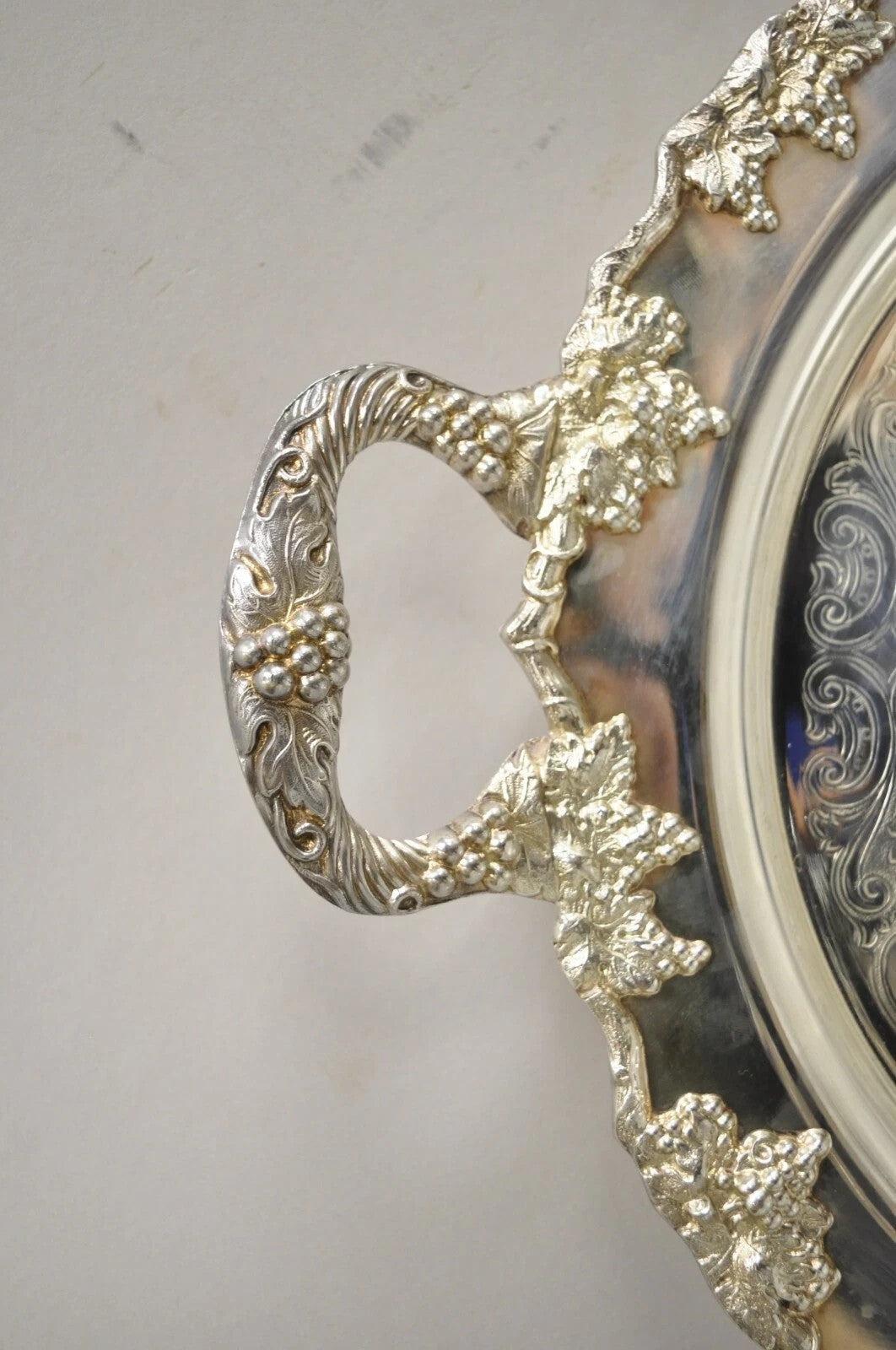 Vintage Crescent Silver Plated 17" Grapevine Pattern Round Bar Tray w/ Handles