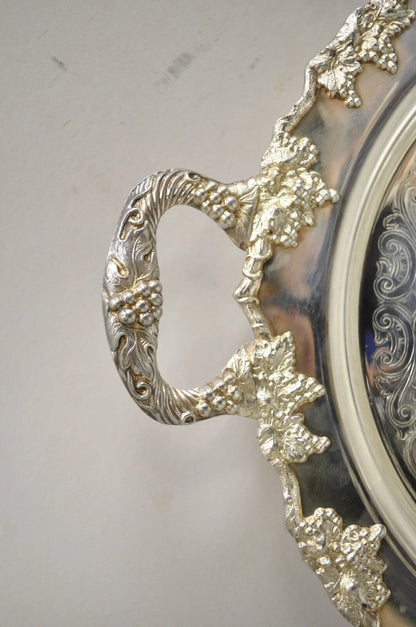 Vintage Crescent Silver Plated 17" Grapevine Pattern Round Bar Tray w/ Handles