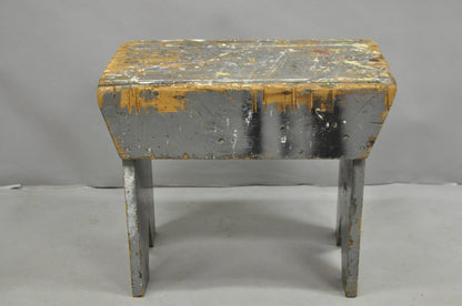 Antique French Country Primitive Gray Painted Paint Splattered Work Bench Stool