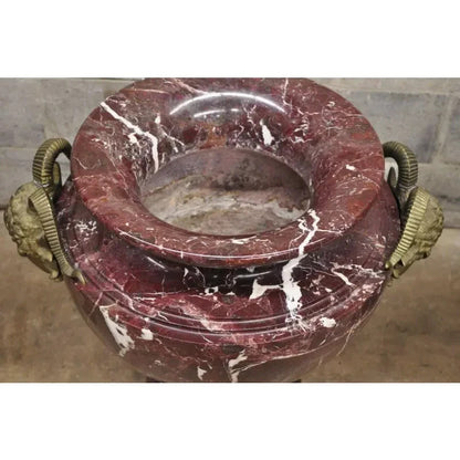 Large French Neoclassical Rouge Marble Bronze Rams Head Urn Planters - a Pair