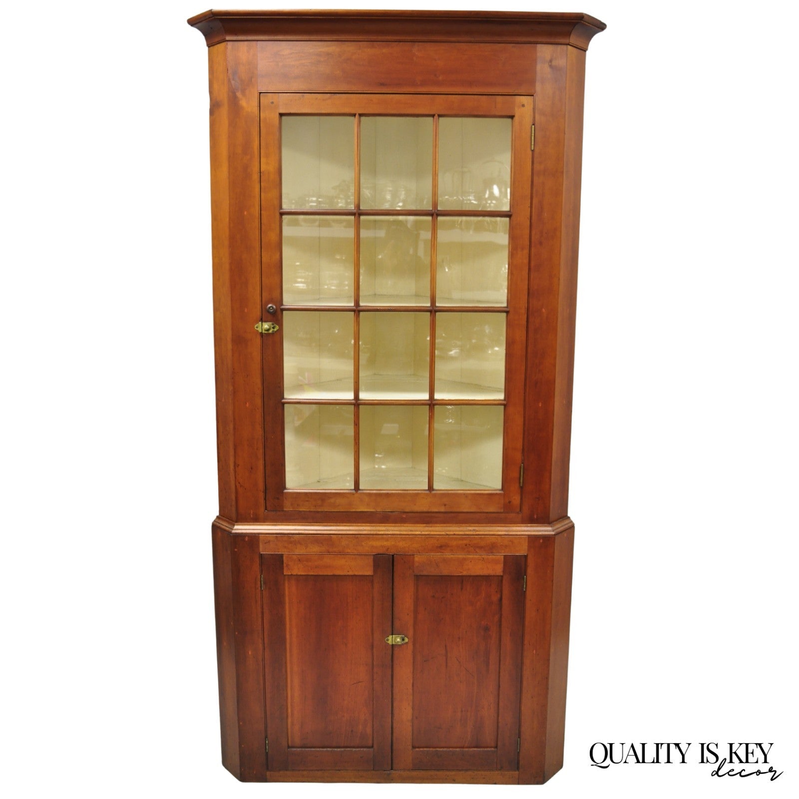 Antique Colonial Primitive Cherry Wood Glass Front Corner China Cabinet Cupboard