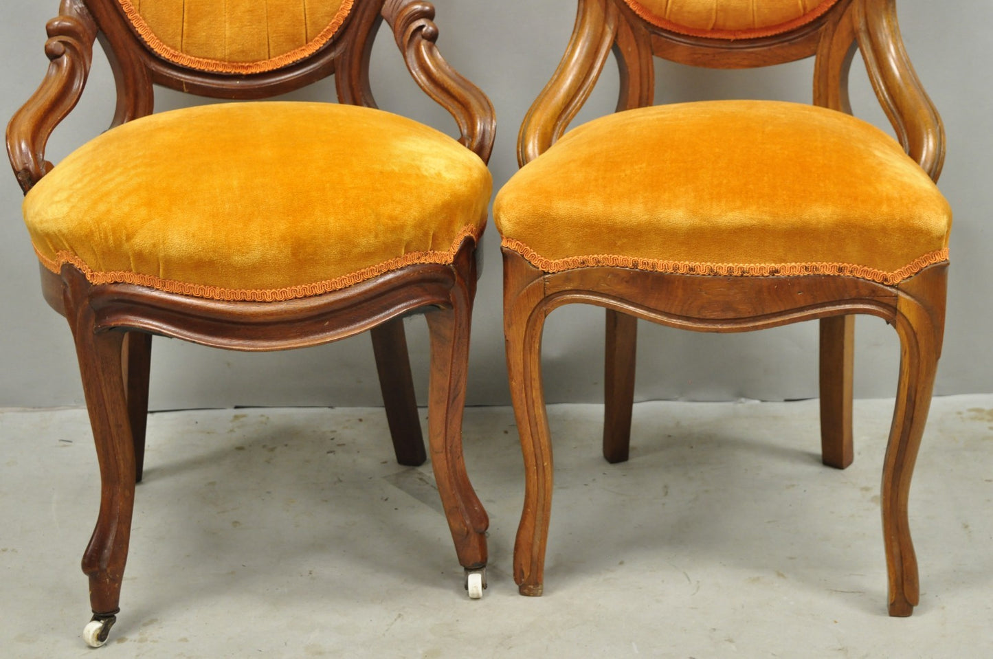 Antique Eastlake Victorian Carved Walnut Orange Parlor Side Chairs - a Pair