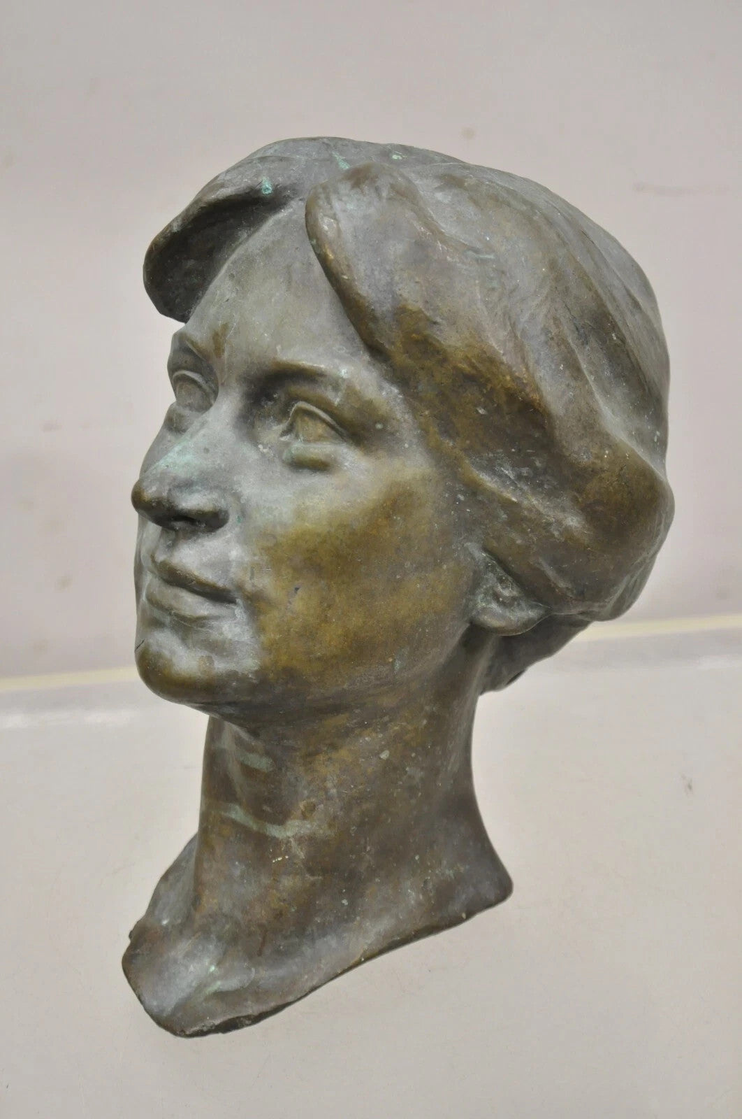 Vintage Patinated Cast Bronze Bust Statue Sculpture of Woman with Pinned Hair