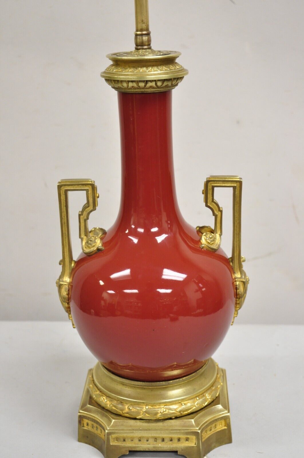 Antique French Louis XV Style Red Glazed Porcelain Table Lamp w/ Bronze Mounts