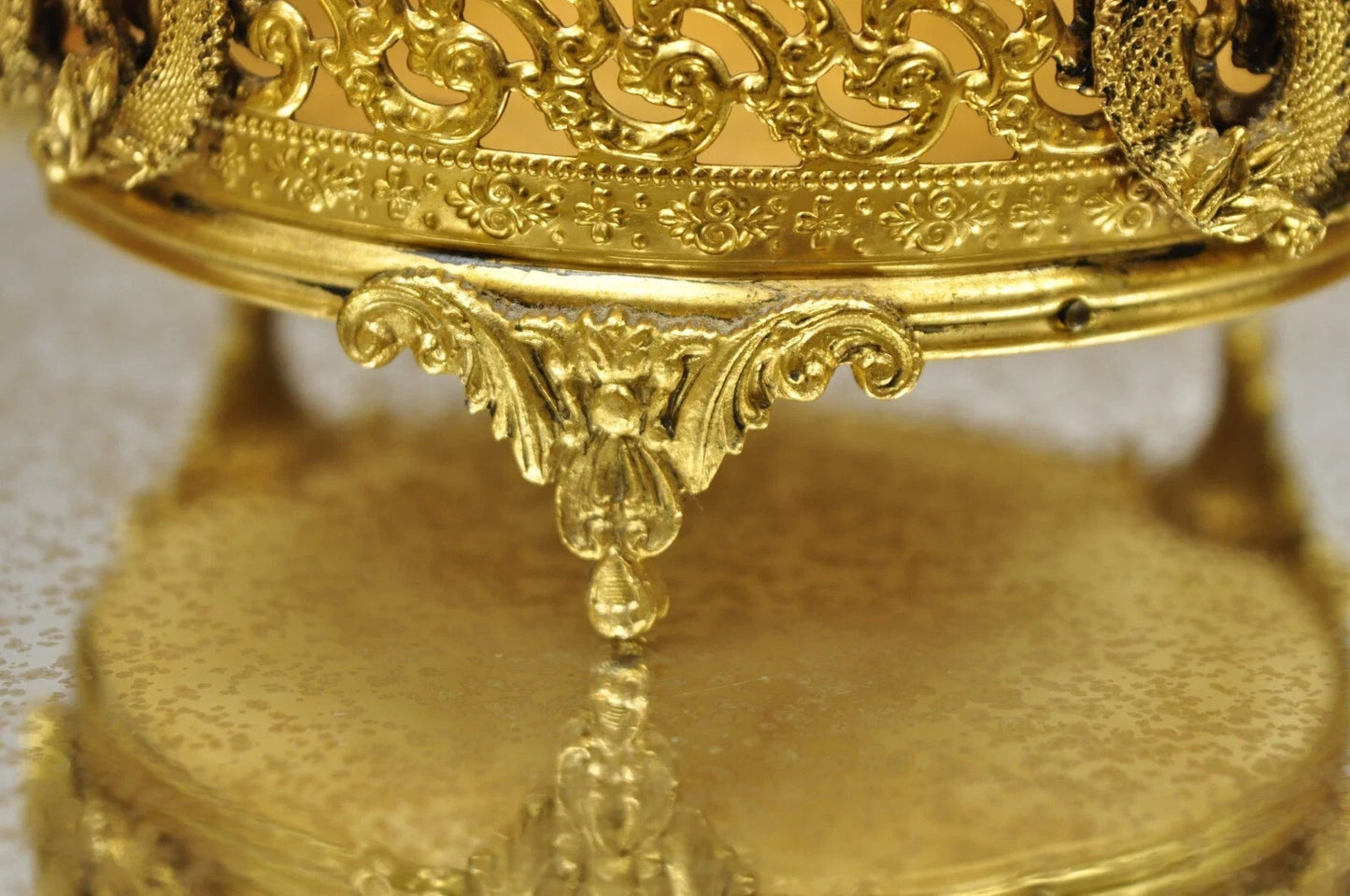 Vintage French Gold Filigree Vanity Set Perfume Clock Jewelry Box & Tray - 5 Pcs