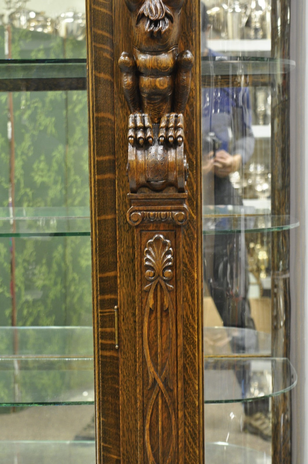 Antique American Empire Tiger Oak Curved Glass China Cabinet w/ Carved Griffins
