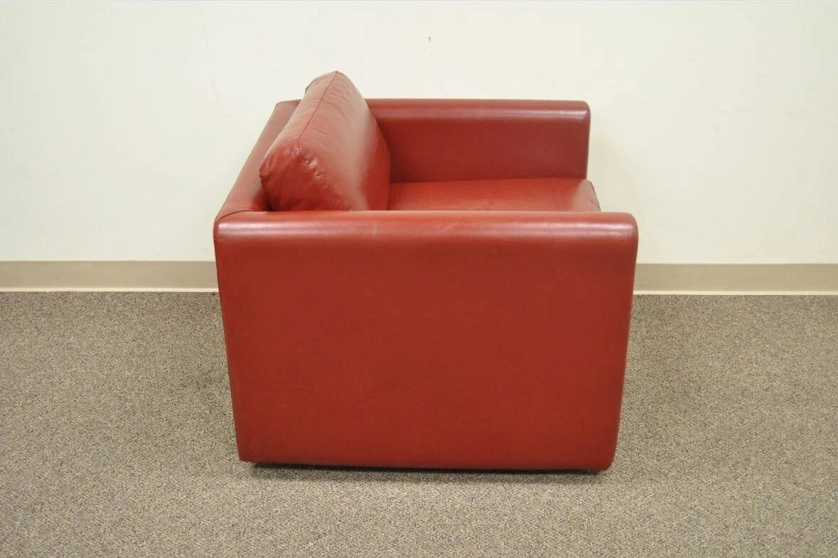 Vintage Mid Century Modern Red Leather Cube Club Lounge Chair on Rolling Casters