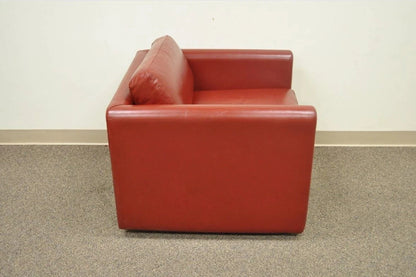 Vintage Mid Century Modern Red Leather Cube Club Lounge Chair on Rolling Casters