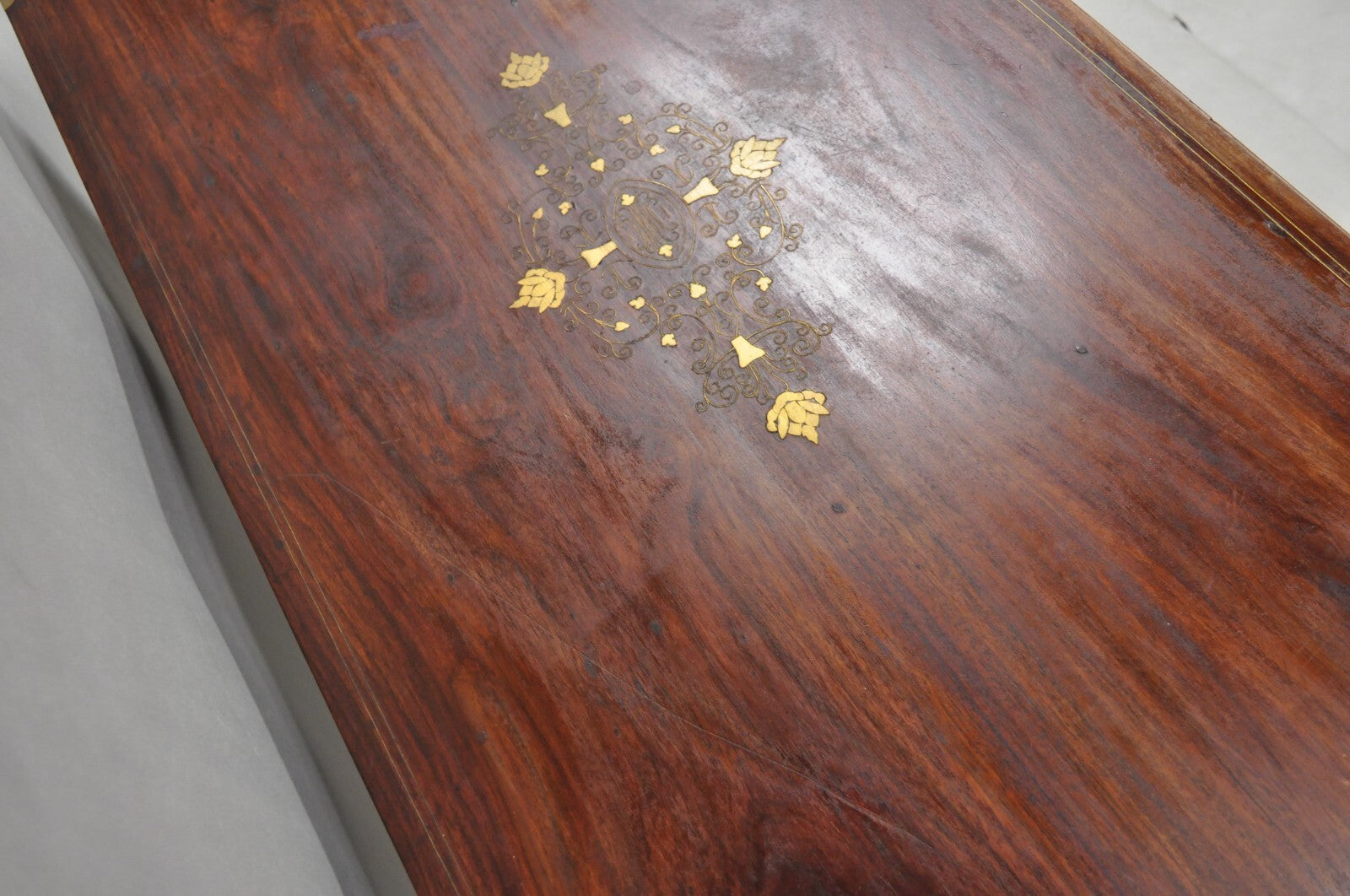 Vintage Anglo Indian Campaign Style Hardwood Curule Writing Desk w/ Brass Inlay