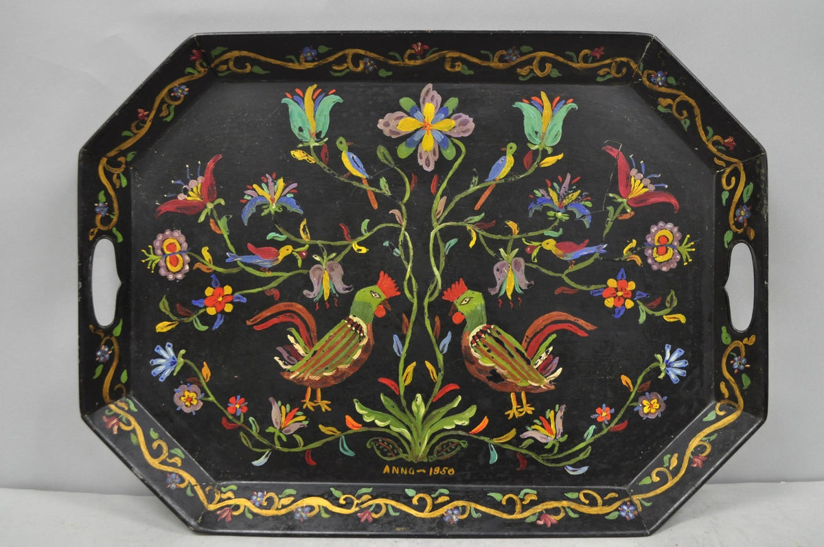 Vintage Lida Bell Clark French Country PA Dutch Hand Painted Toleware Metal Tray