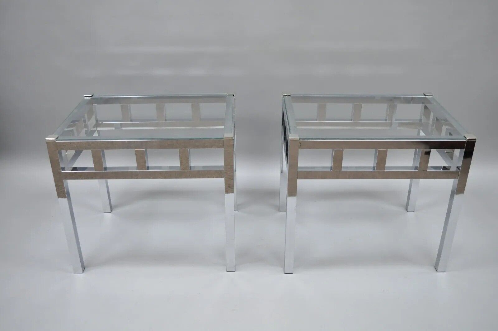 Mid Century Modern Baughman Style Chrome & Glass Rectangle Side Tables - a Pair