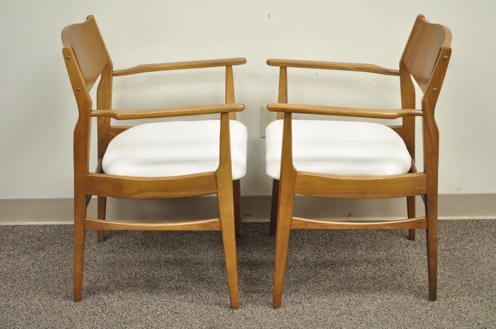 Young Mfg Mid Century Danish Modern Walnut Teak Curved Dining Arm Chairs - Pair