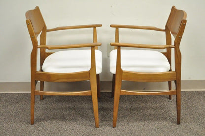 Young Mfg Mid Century Danish Modern Walnut Teak Curved Dining Arm Chairs - Pair