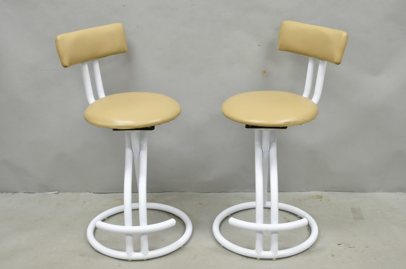 Vintage Postmodern Memphis Style White Tubular Metal Swivel Bar Stools  - a Pair