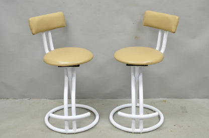 Vintage Postmodern Memphis Style White Tubular Metal Swivel Bar Stools  - a Pair