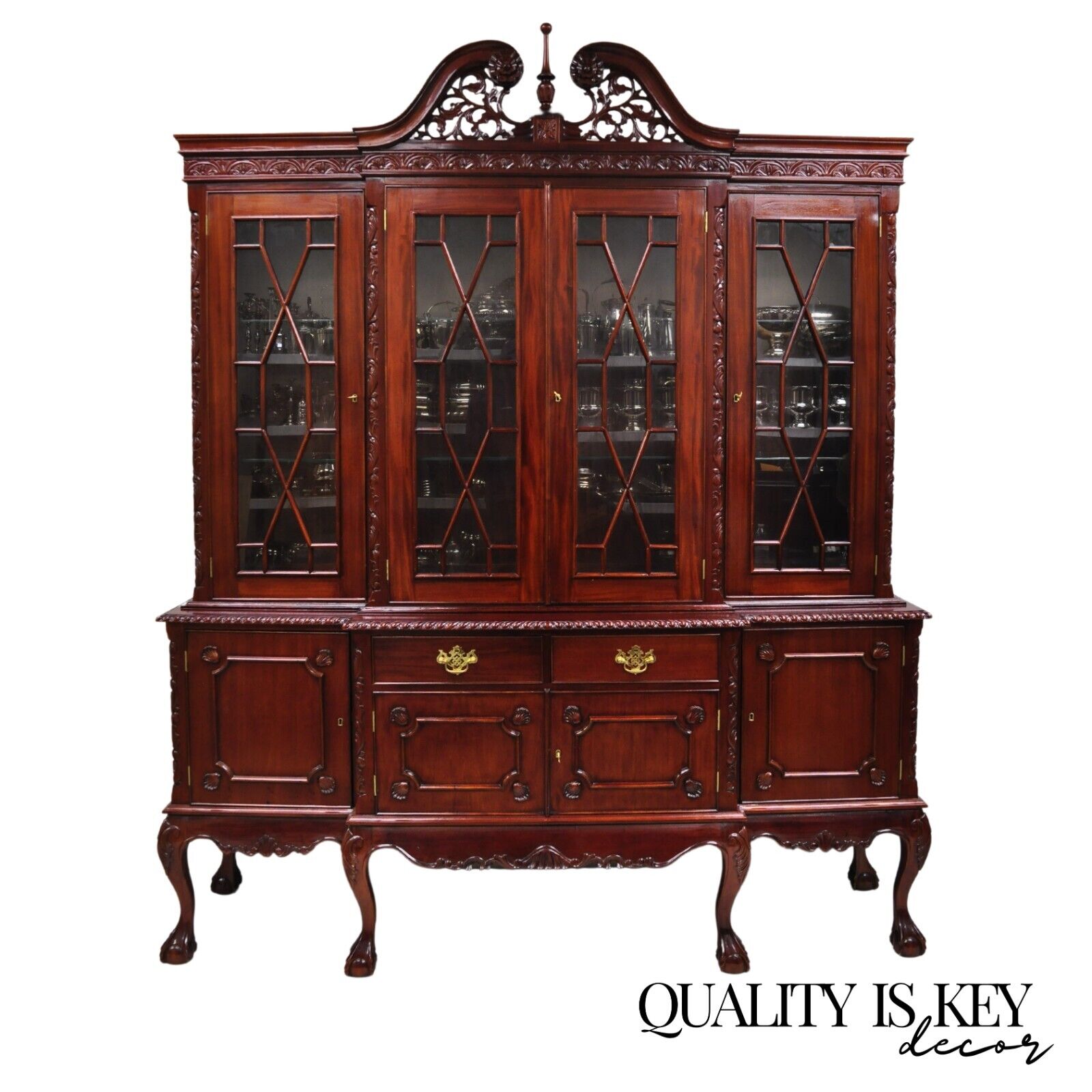 Chippendale Mahogany Ball & Claw Breakfront China Cabinet by Baker of London