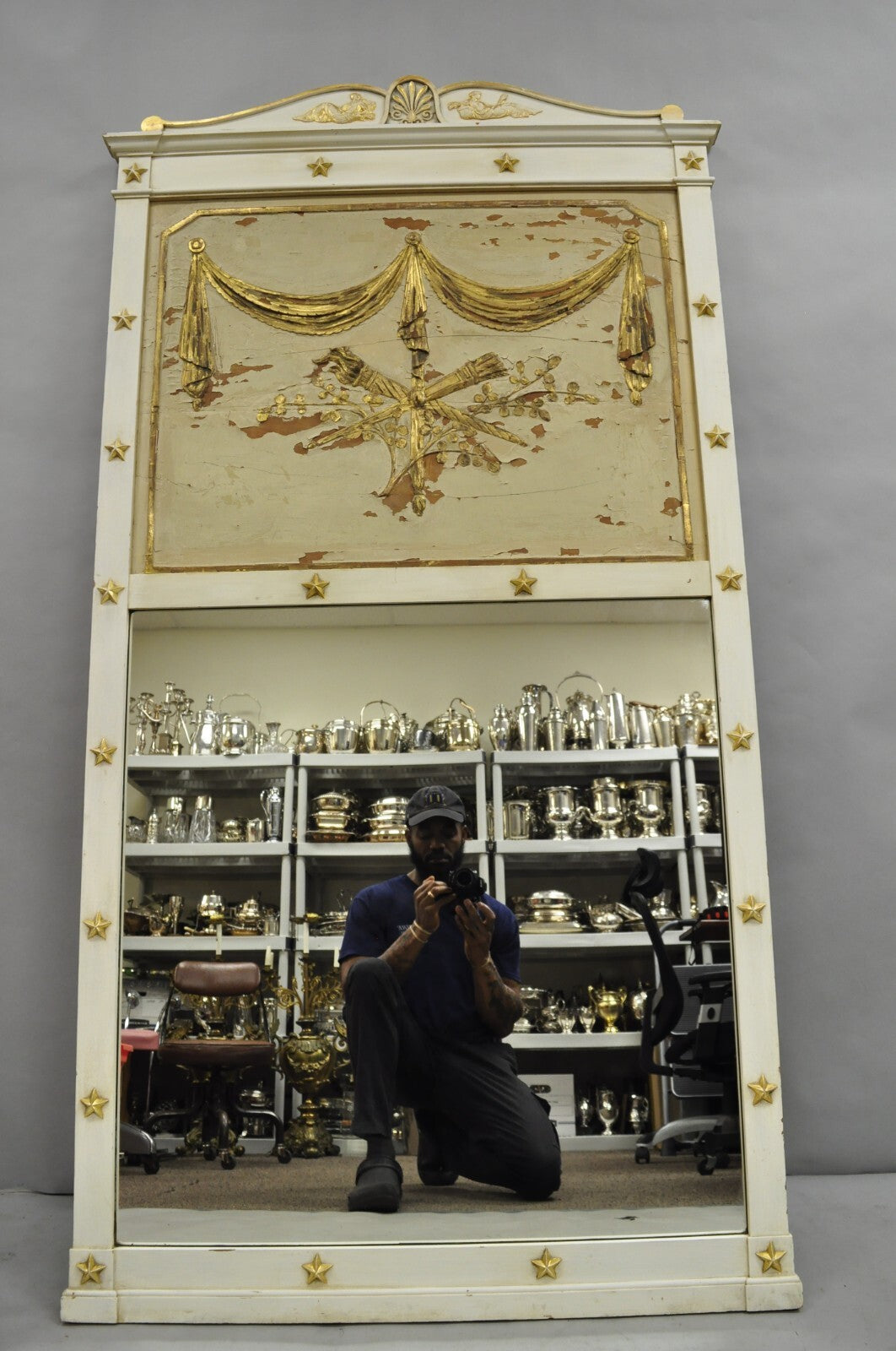 Antique Italian Neoclassical White Distress Painted Gold Gilt 72" Trumeau Mirror