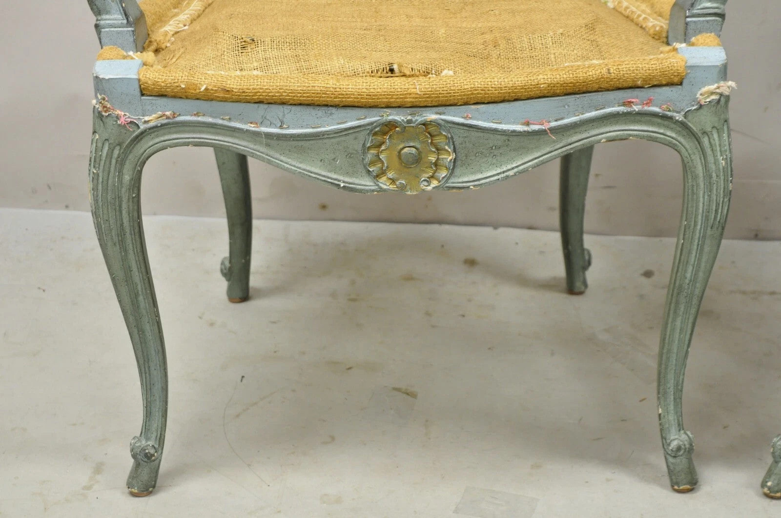 Antique French Louis XV Style Blue Painted Cane Back Fauteuil Arm Chairs - Pair