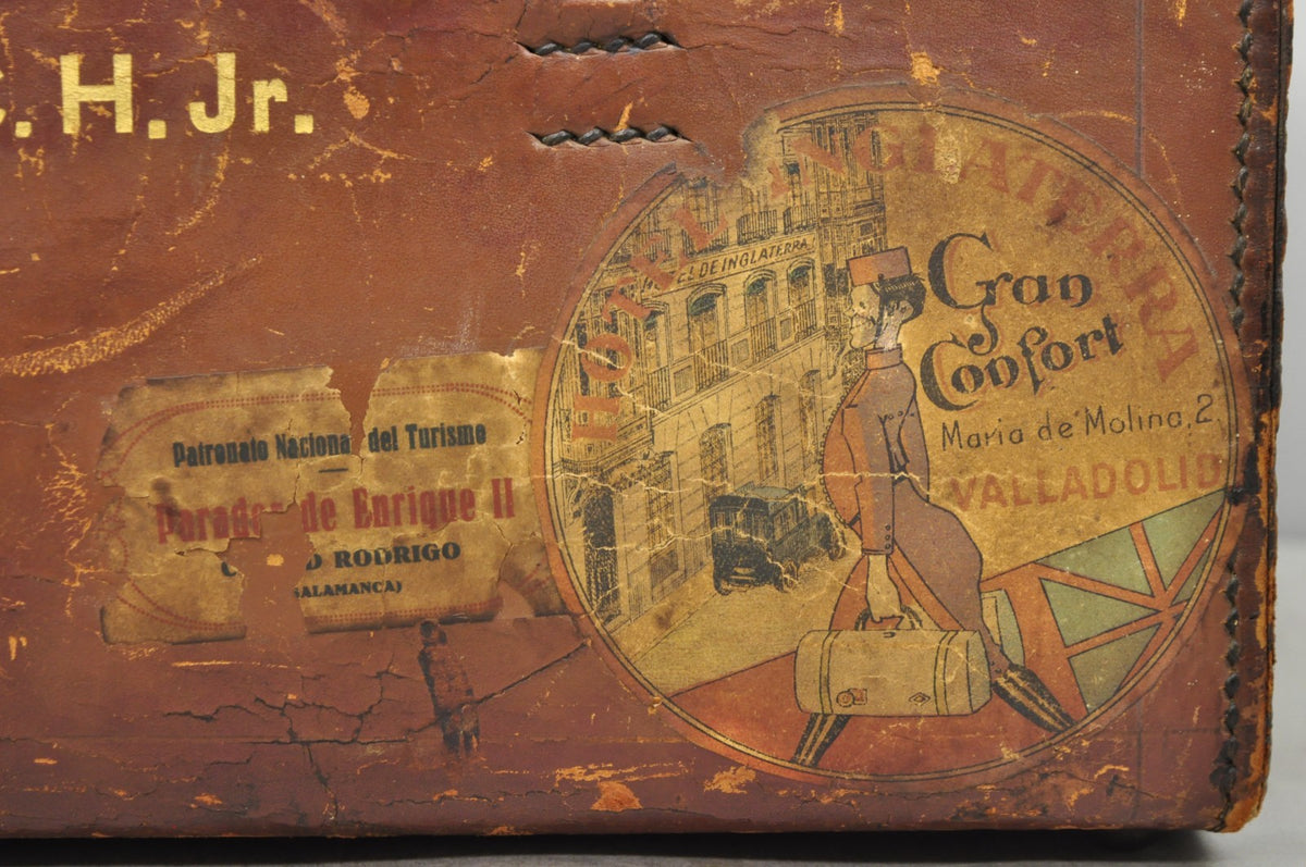 English Art Deco Brown Leather Travel Case Suitcase w/ Cunard Stickers & Top Hat