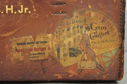 English Art Deco Brown Leather Travel Case Suitcase w/ Cunard Stickers & Top Hat