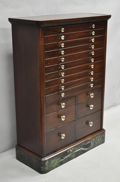 Antique Arts & Crafts Mahogany 15 Drawer Medical Dental Cabinet w/ Marble Base