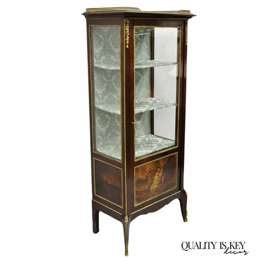 Antique French Louis XV Style Bronze Mount Hand Painted Curio Display Cabinet