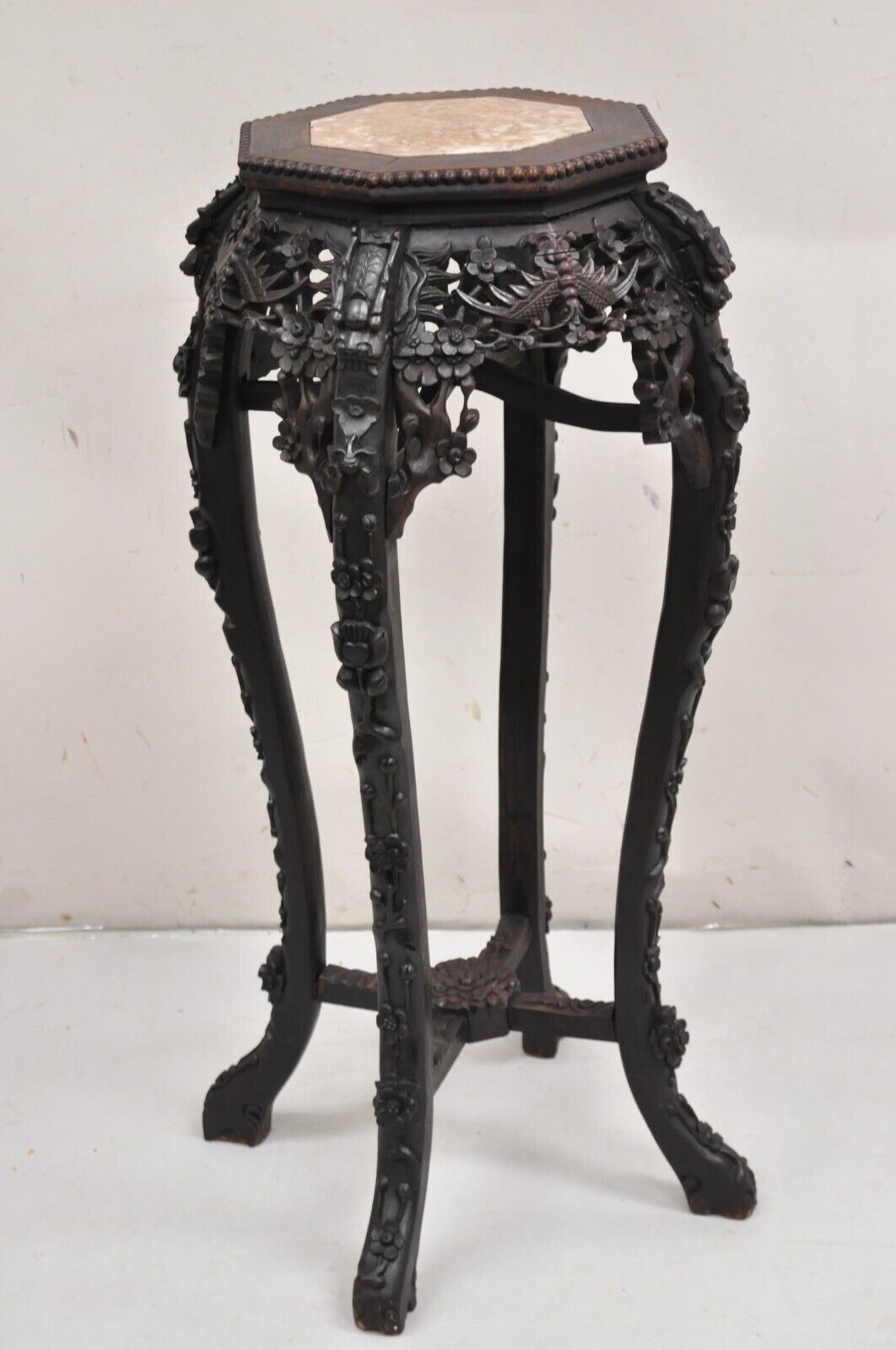 Antique Chinese Carved Hardwood Marble Top Oriental Plant Stand Side Table