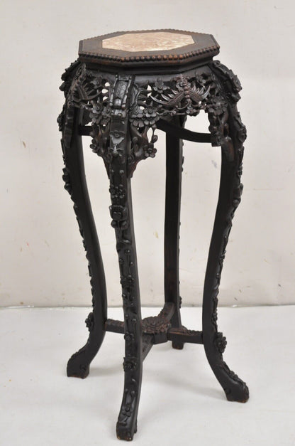 Antique Chinese Carved Hardwood Marble Top Oriental Plant Stand Side Table