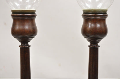 Antique English Regency Mahogany Hurricane Glass Shade Candle Holders - a Pair