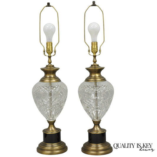 French Empire Cut Crystal Glass Urn & Brushed Brass Table Lamps by Wildwood Pair