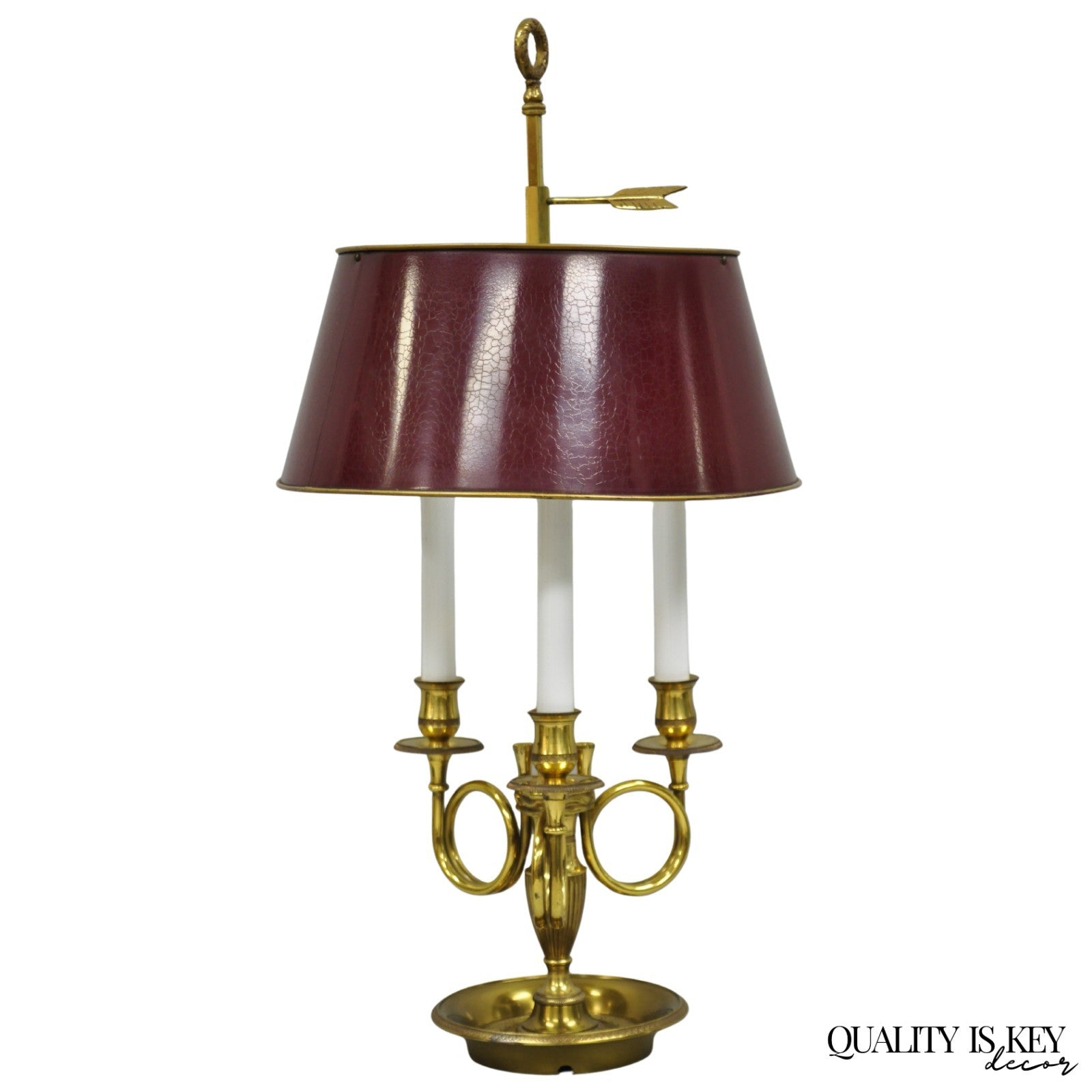 French Country Empire Brass Trumpet Arm Red Tole Shade Bouillotte Desk Lamp