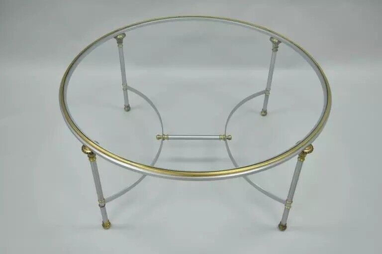 Vintage Maison Jansen Style Italian Regency Steel & Glass Round Coffee Table